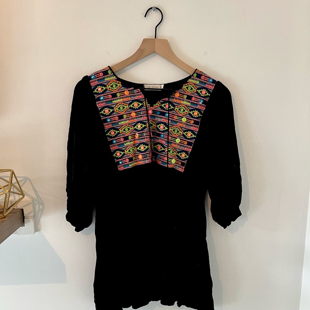 Velzera black dress boho embroidery mini dress, L
